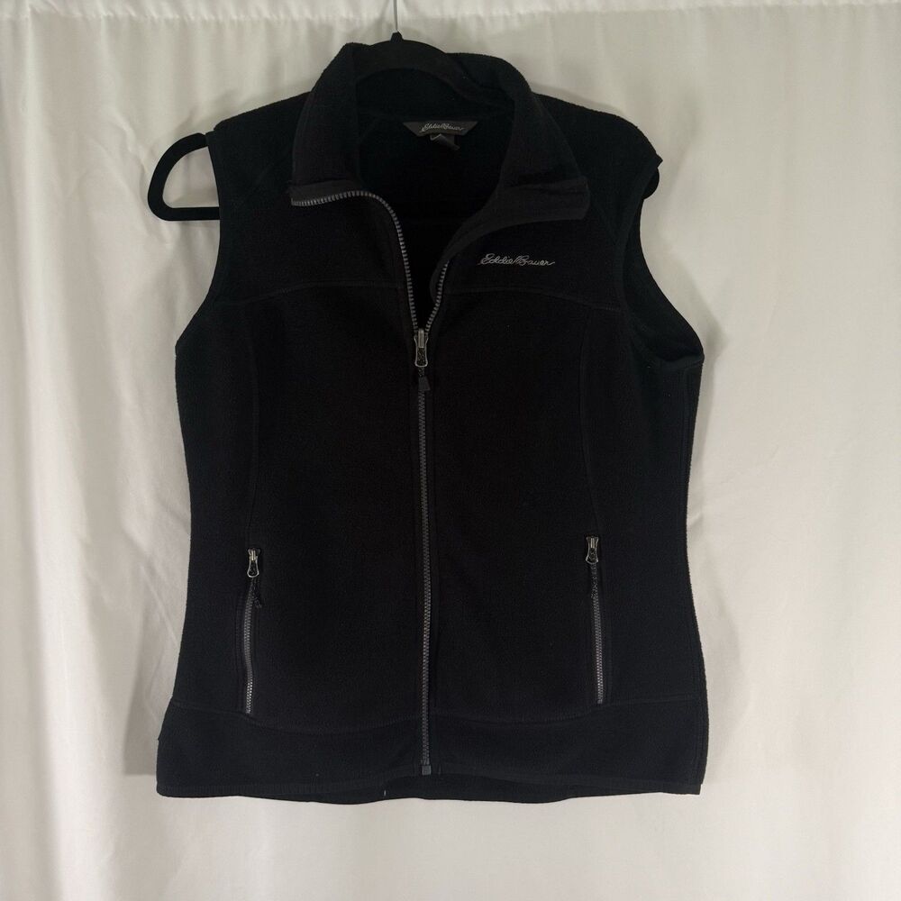 Eddie Bauer Fleece Vest Women's Medium Petite Black Full Zip Pockets Turtleneck